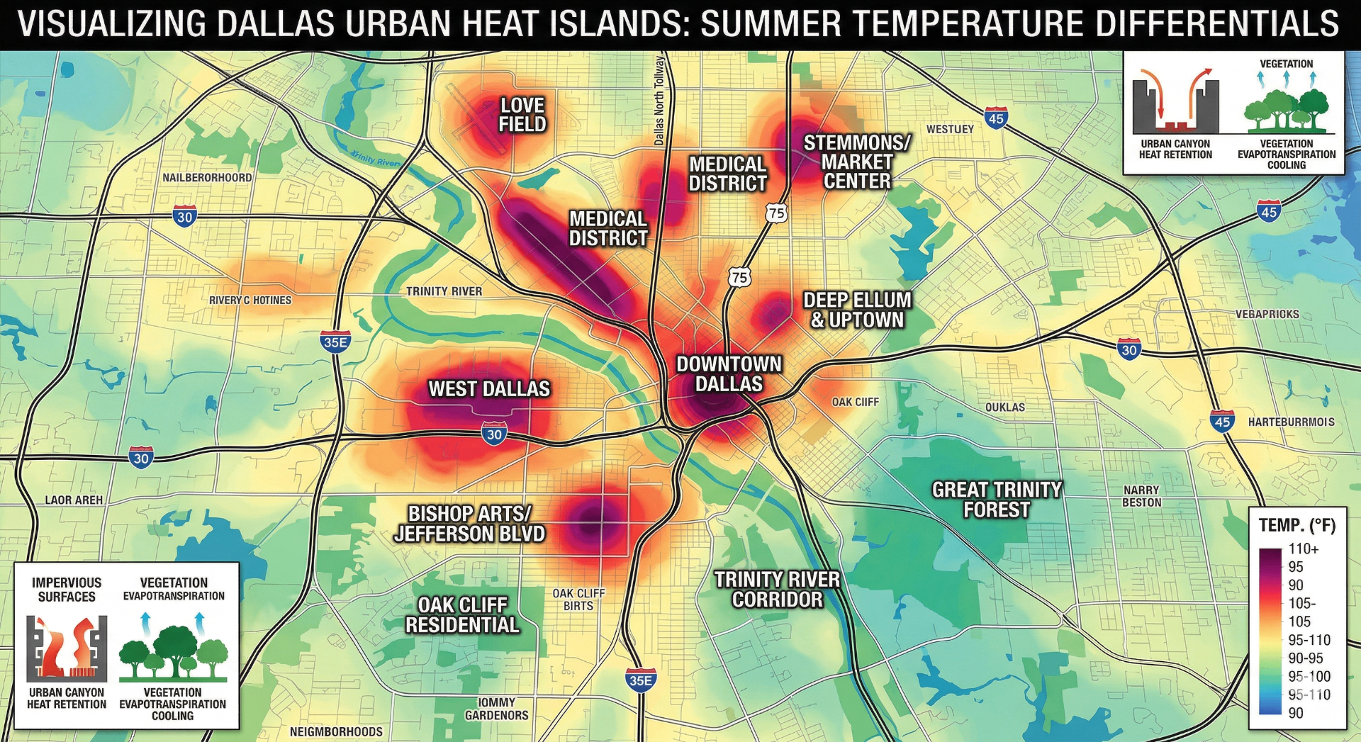 Visualizing Dallas Urban Heat Islands: Summer Temperature Differentials map showing heat intensity across Downtown, West Dallas, Love Field, Medical District and other neighborhoods